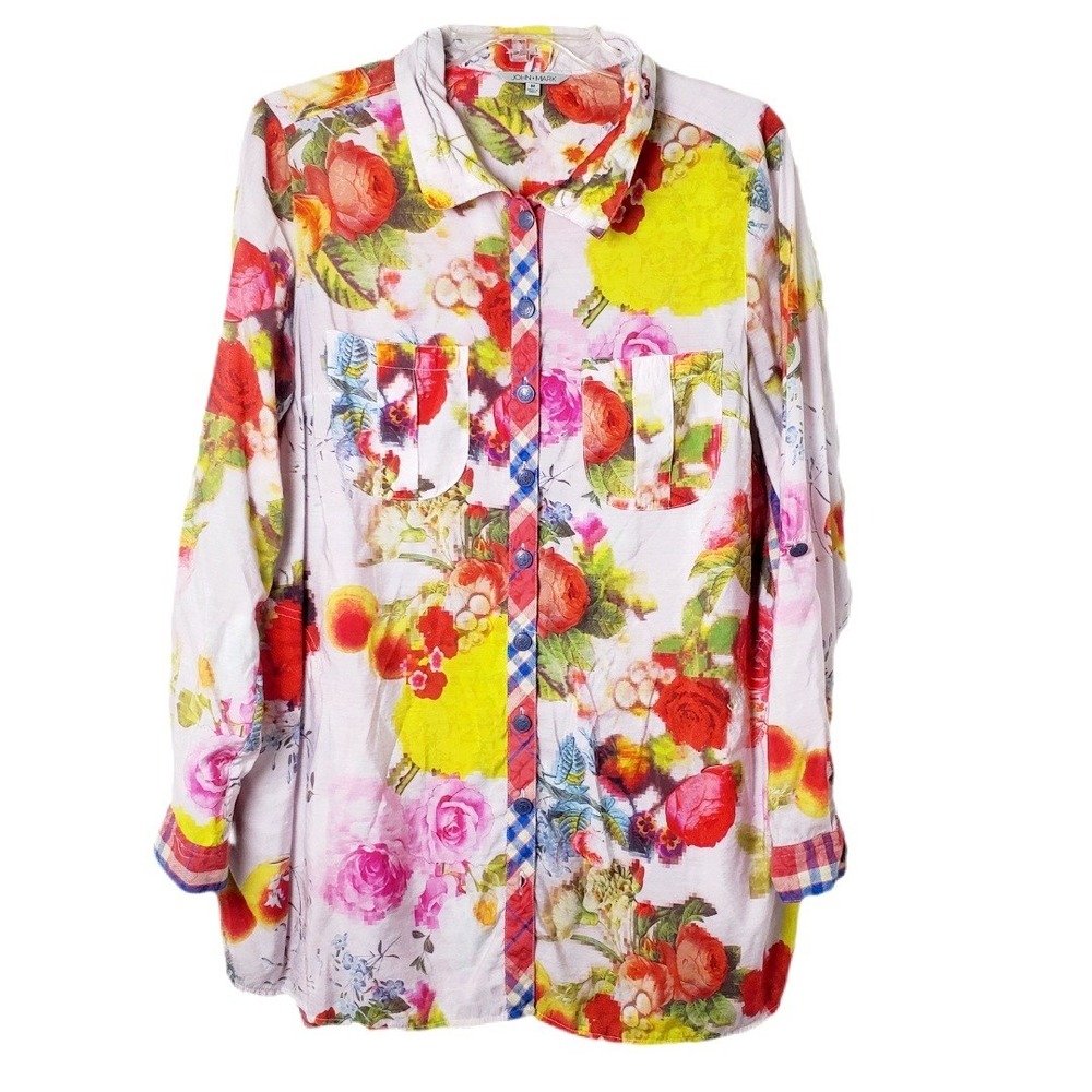 John Mark Long Sleeve Tunic Shirt Floral Plaid Mixed Media Blouse Top Pink Red M
